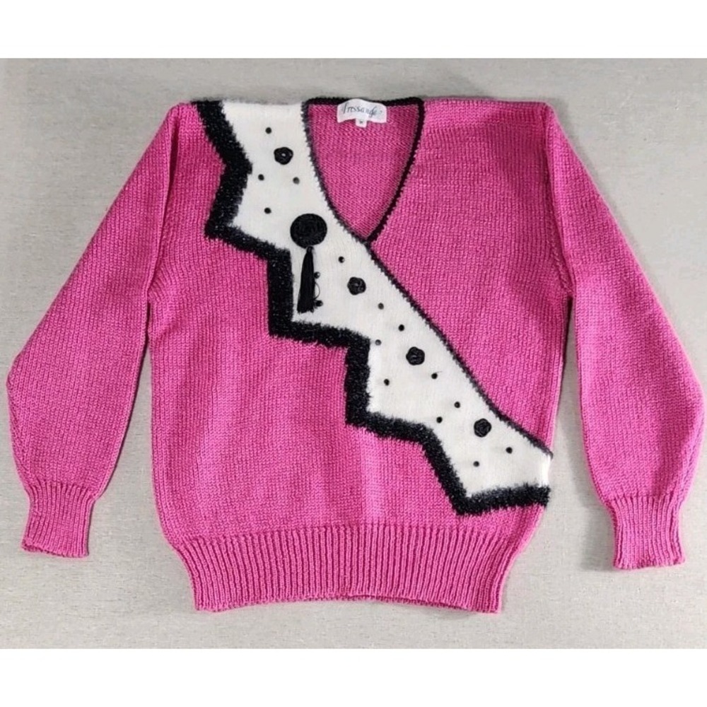 Fressange Barbie Pink Black Rhinestone Wool Nylon Acrylic‎ Sweater sz Medium